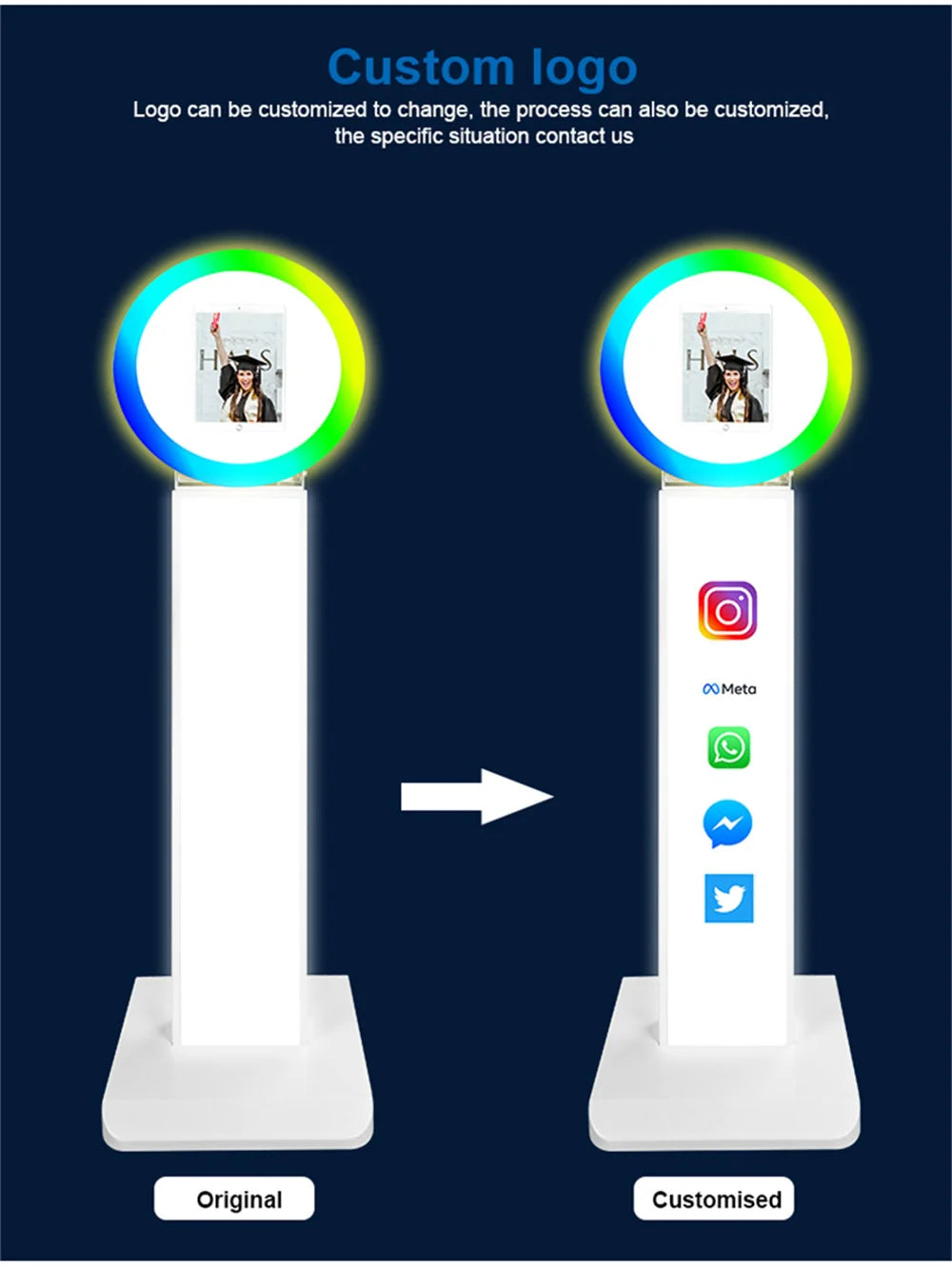 iPad Photo Booth Selfie-Maschine Shell Verstellbarer Ständer Photobooth mit LED-Ringlicht Individuelles LOGO für Hochzeitspartys und Events