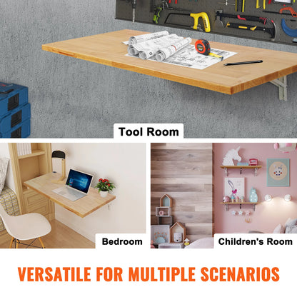 VEVOR Wall Mounted Folding Table, Wall Mount Drop Leaf Table, Wooden Floating Desk with Iron Bracket, Fold Down Desk for Spaces