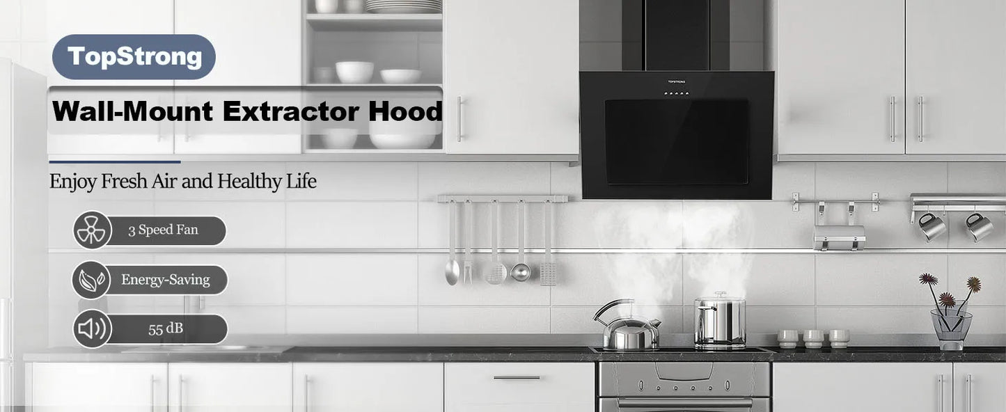 TopStrong 60cm Wall Mount Tempered Glass Stainless Steel Range Cooker Extractor Hood UKGV4760