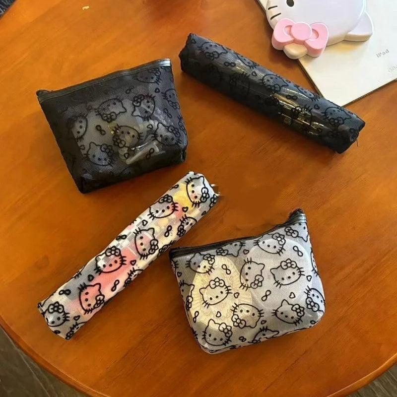 Sanrio Mesh Hello Kitty Black and White Pencil Case Zero Wallet Headphone Bag Girl's Portable Makeup Brush Storage Bag Gift