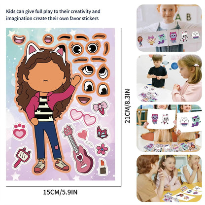 12Sheets Gabby's Dollhouse Make A Face Puzzle Stickers Kids Make Your Own DIY Game Children Cartoon Jigsaw Education Toys Gift