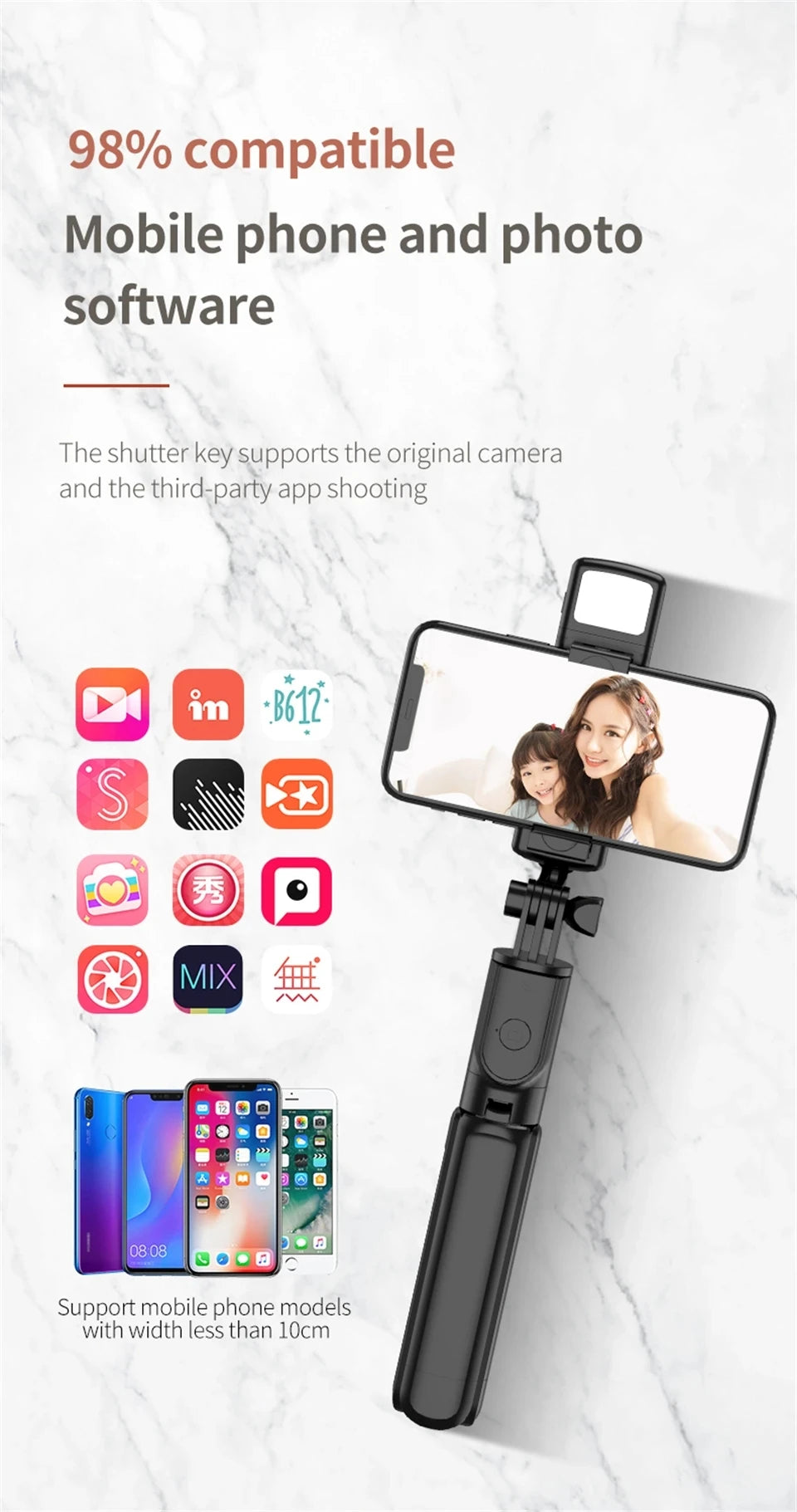 FGCLSY Selfie Stick Tripod with light Extendable Wireless Bluetooth Remote Portable Smartphone Stand Mount For iOS Android Phone