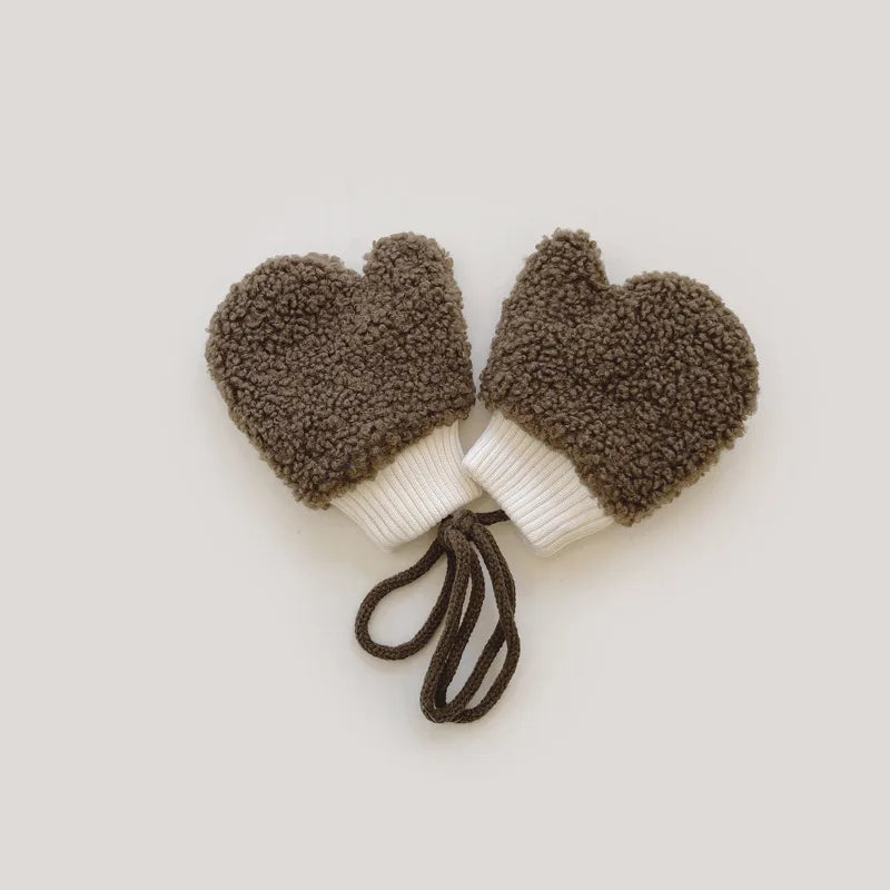 Lamb Fleece Baby Plush Mittens Cute Bear Kids Hanging Neck Glove 1-4Year Boy Girl Children Winter Full Finger Gloves Hand Warmer