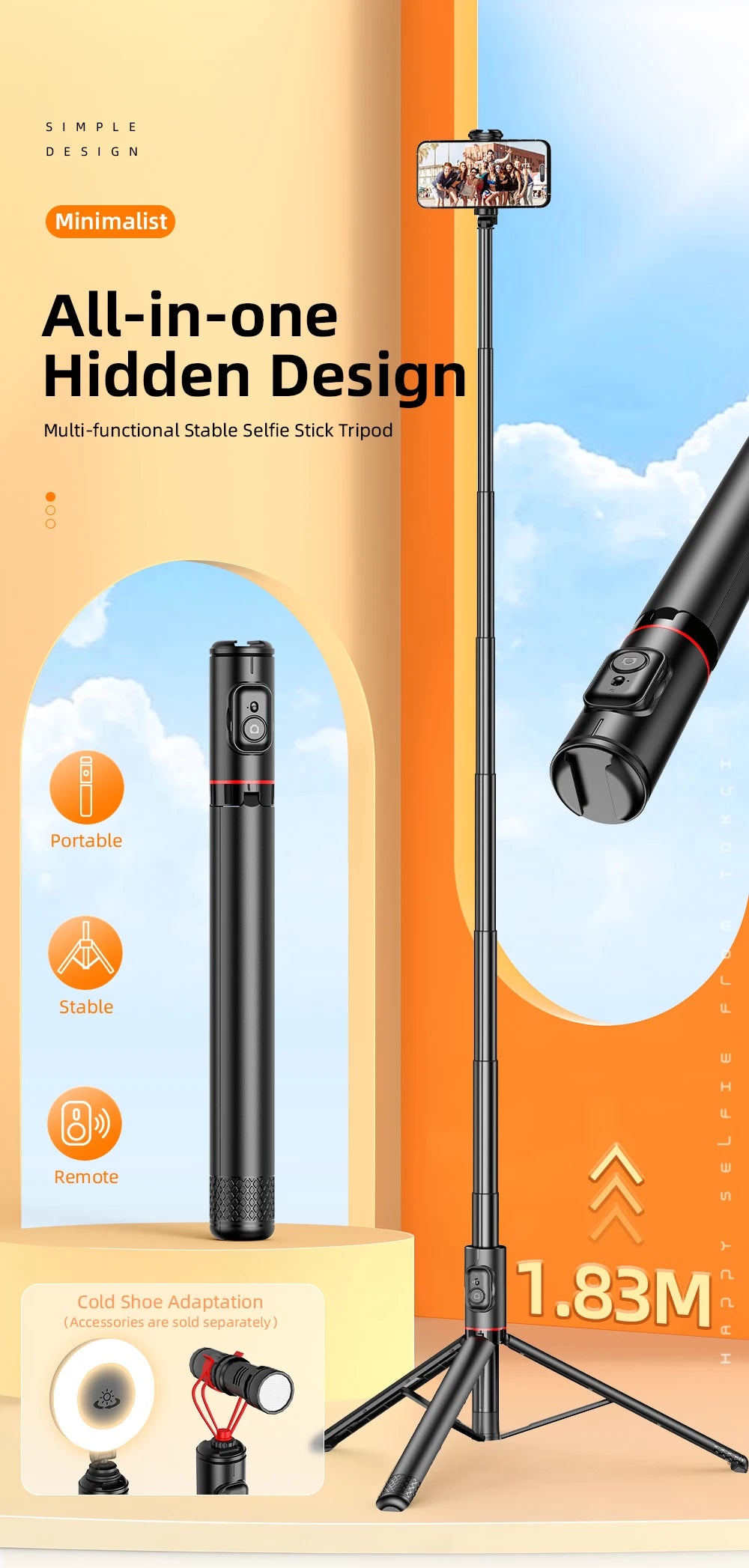 Selfie Stick with Wireless Bluetooth Remote, Portable 72 Inch Aluminum Alloy Selfie Stick Phone Tripod for iOS Android Cellphone