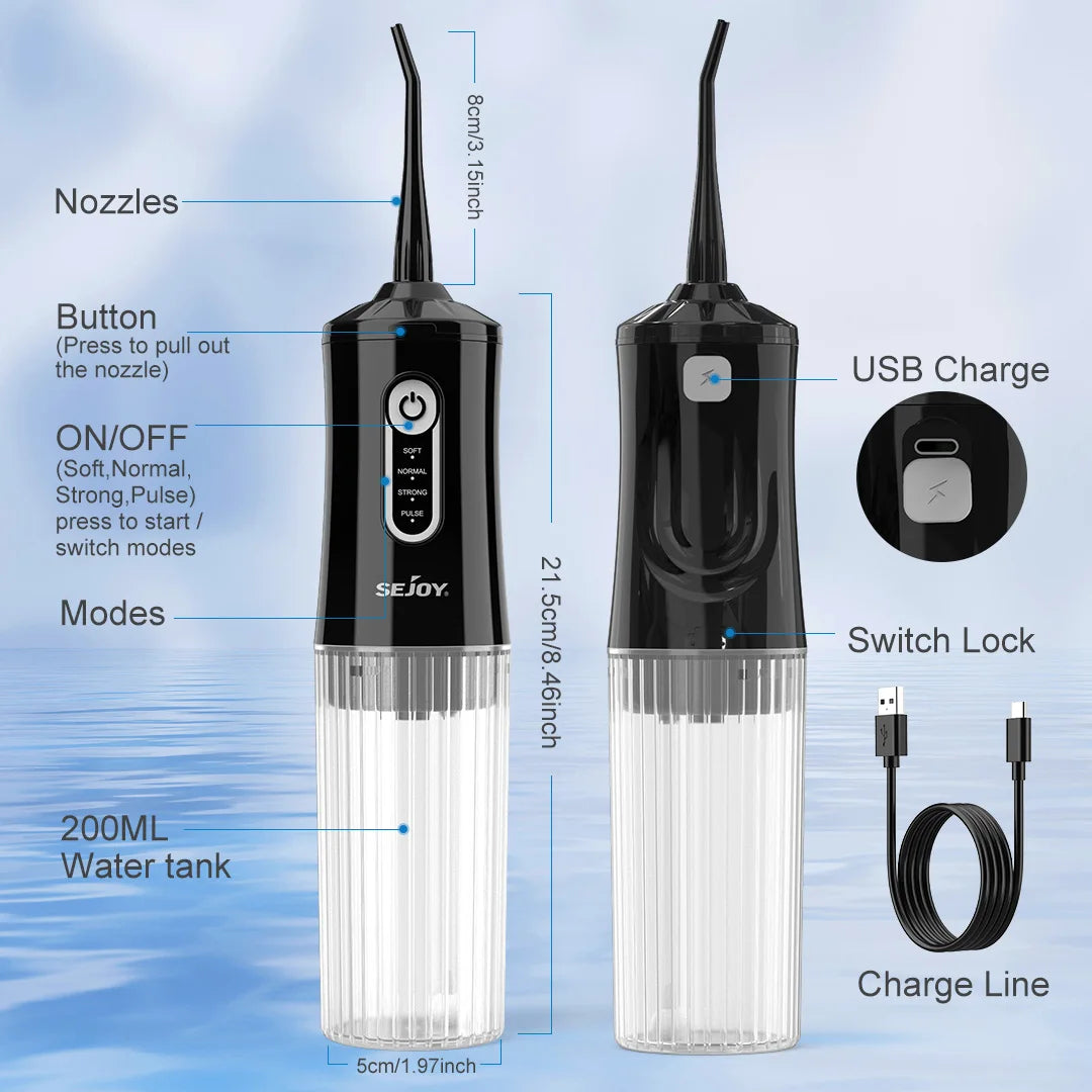 Sejoy Electric Water Flosser 200ML Water Tank Tooth Clean Machine USB Rechargeable Dental Irrigator 4 Cleaning Modes Timing