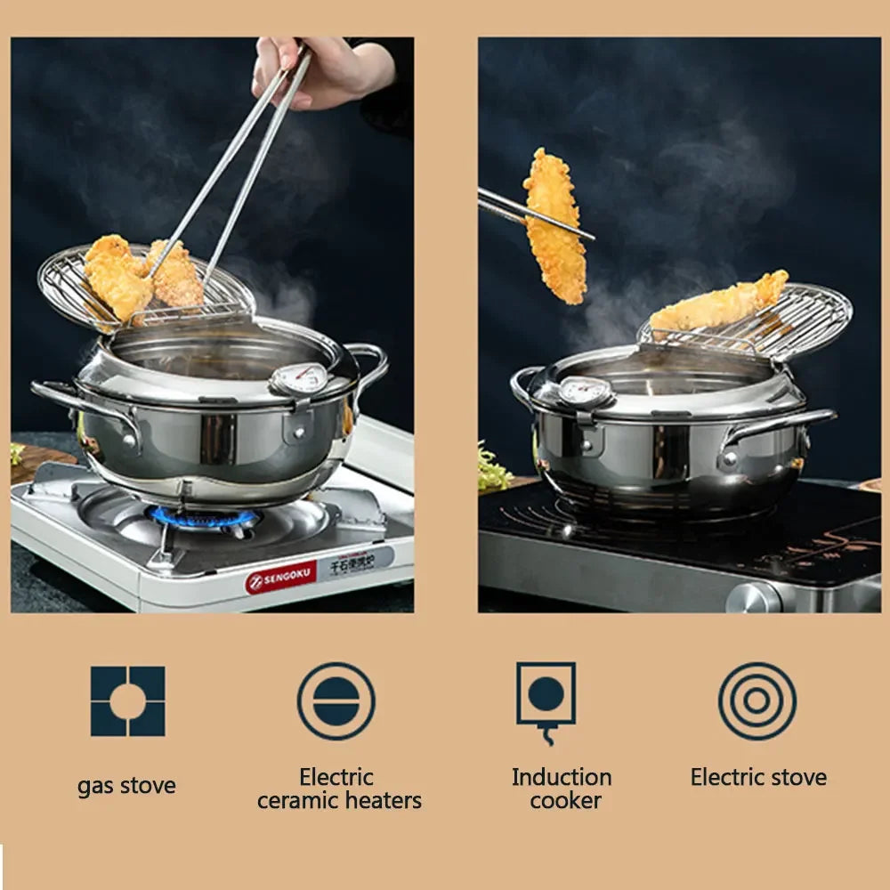 Japanese Deep Fryer With Thermometer and Lid 304 Stainless Steel Kitchen Tempura Fryer Pan Fryer Without Oil Frying Pan Fryer