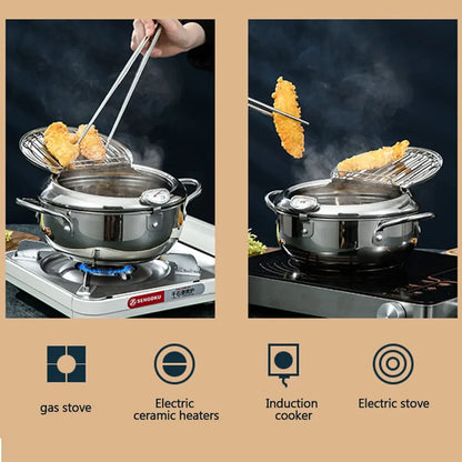 Japanese Deep Fryer With Thermometer and Lid 304 Stainless Steel Kitchen Tempura Fryer Pan Fryer Without Oil Frying Pan Fryer
