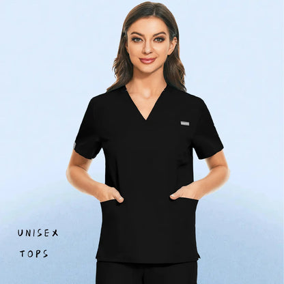 Hospital Nursing Uniform Surgery Scrubs Tops Women Short Sleeved Shirts Dental Clinic Workwear Nurse Blouse Doctor Clothes Black