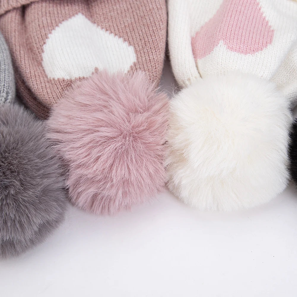 Cute Pompom Baby Turban Hats Heart Knitted Caps Boys Girls Beanies 0-3T Autumn Winter Kids Headwraps Bonnets Hair Accessories