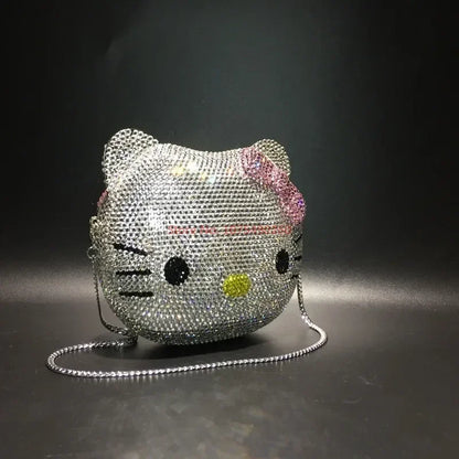 Hello Kitty Anime Cartoon Shape Rhinestone Cartoon Full Of Diamonds Dinner Bag Handmade Diamond-set Lady's Clutch Christmas Gift