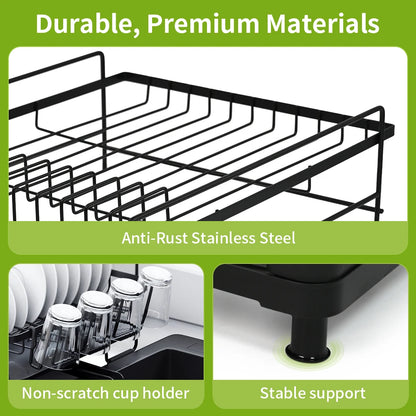 Dish Drainer Rack - Extendable Dish Drainer, Multifunctional Anti-Rust Dish Rack for Kitchen Counter, with Cutlery & Cup Holders