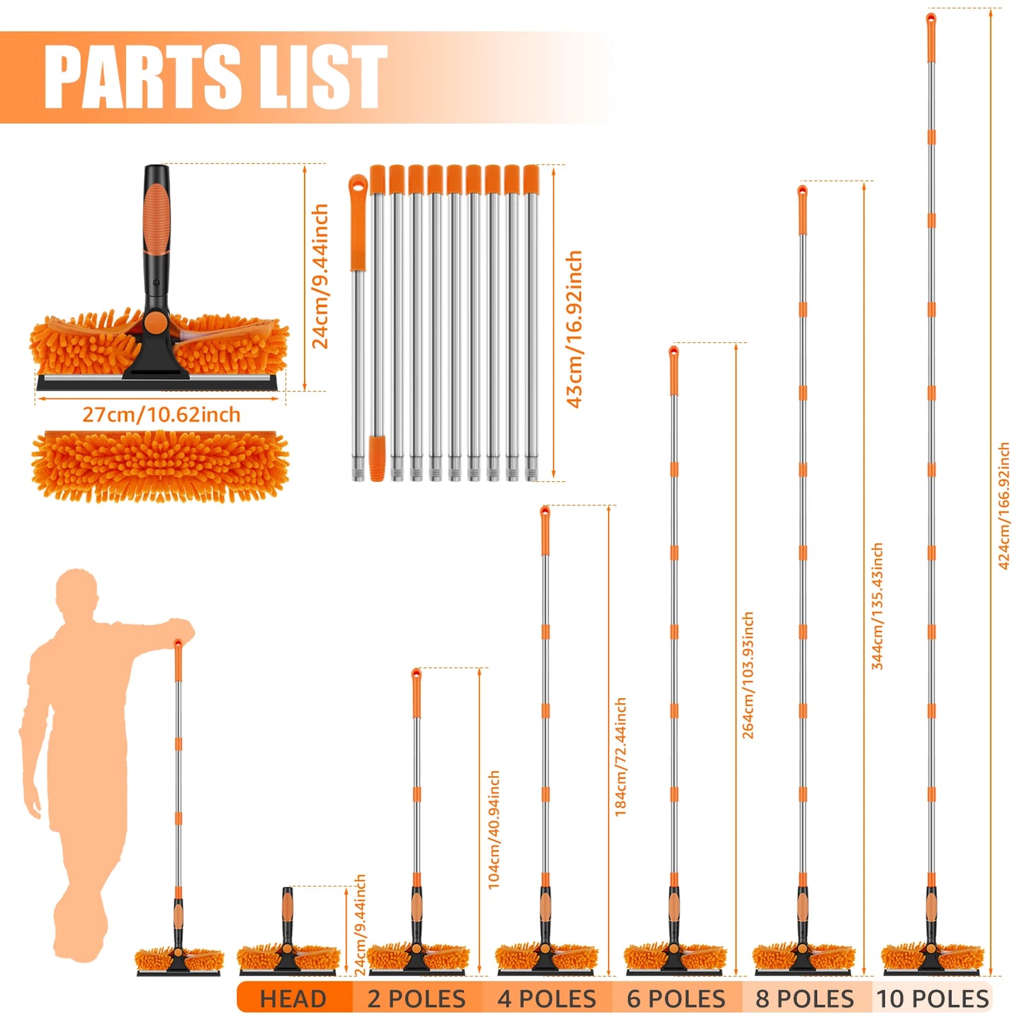 Extendable Window Cleaner Tools Set 2 in 1 Double Sided Window Cleaner Duster Tool 180° Rotatable Long Handle Window Mop