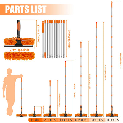Extendable Window Cleaner Tools Set 2 in 1 Double Sided Window Cleaner Duster Tool 180° Rotatable Long Handle Window Mop