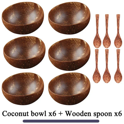 Natural Coconut Bowl Dinner Set for Women, Handmade Wooden Tableware, Wood Spoon, Dessert Fruit Salad, Mixing Rice Ramen Bowl, 1