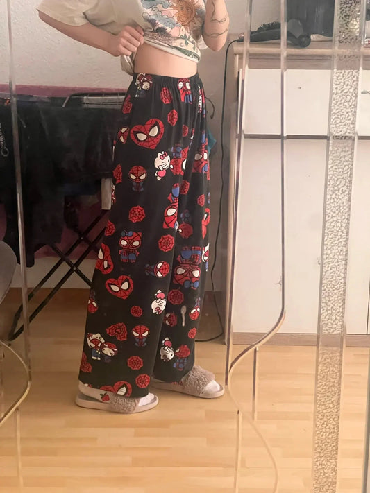 Hello Kitty Spider-Man Anime-Pyjamahose, Y2K-Cartoon-Stil, lockere Hose, Familienkleidung, Partnerhose, Geschenk für Mädchen