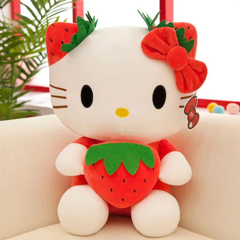 Kawaii Sanrio Hello Kitty Plush Stuffed Toy Strawberry KT Cat Pillow Doll Children's Birthday Gift Home Decoration Animal Doll