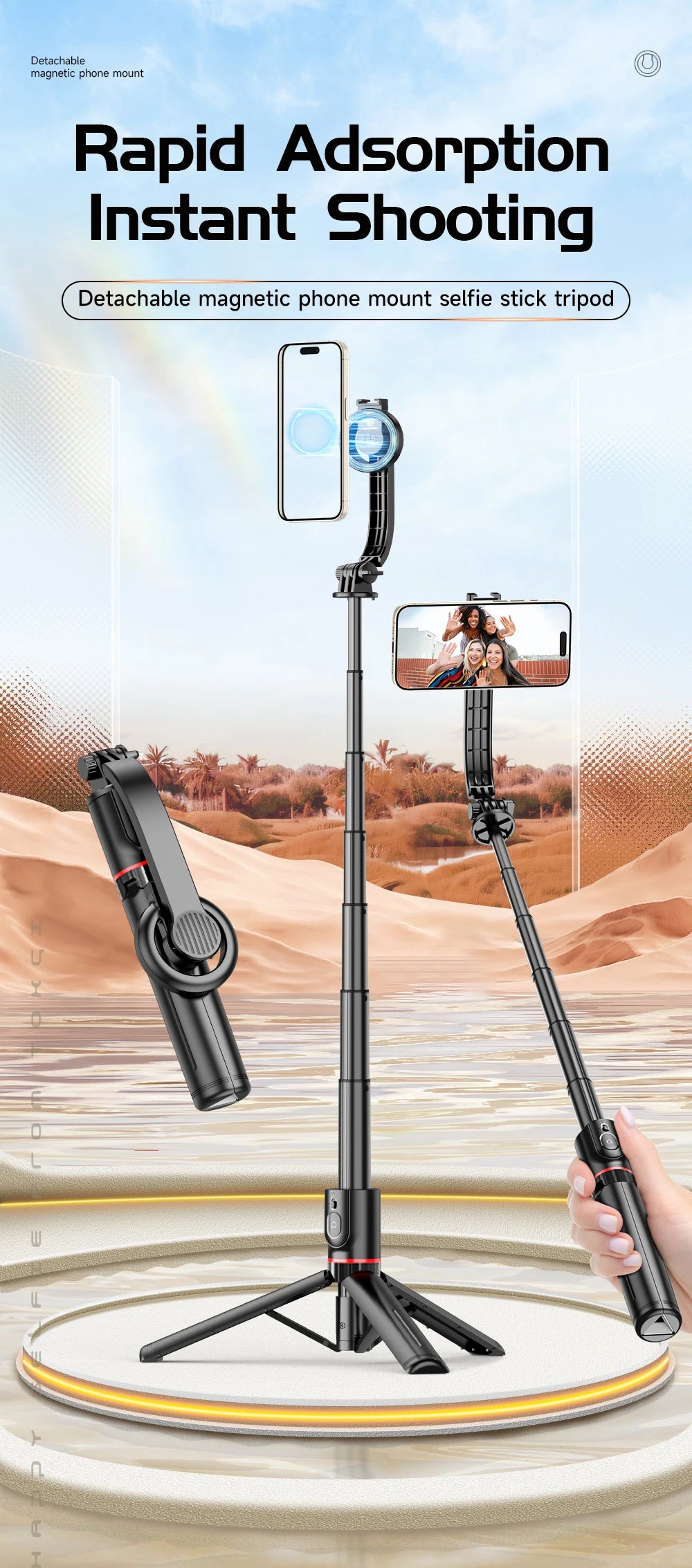Magnetic Selfie Stick Tripod with Bluetooth Remote Magsafe Cellphone Stand for iPhone 14 13 12 Pro Max Vertical Shooting