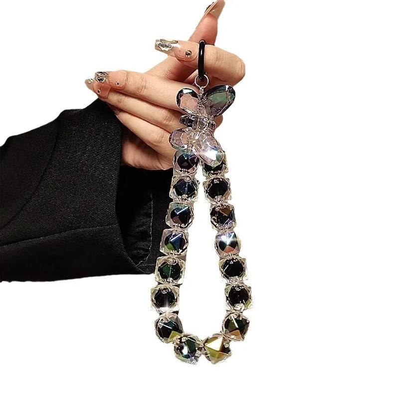 DIY Bracelet Crystal Shinning Acrylic Butterfly Girl Phone Charms Wrist Hanging Strap Mobile Phone Lanyard Phone Bag Key Chain