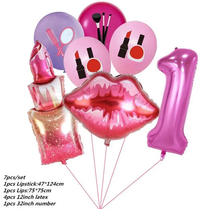 Make Up Theme Birthday Disposable Tableware Paper Plate Cups For Spa Makeup Girl Party Lipstick Red Lips Balloon Valentines Gift