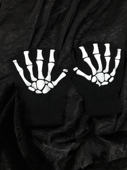 1pair New 5-11T Kids Halloween Skeleton Skull Half Finger Luminous Punk Gloves Winter Skull Fingerless Black Mitten