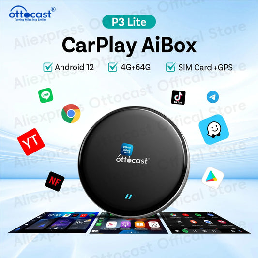 OTTOCAST New P3 Lite OttoAiBox Wireless CarPlay Android AI Box for Youtube for TikTok Car Accessories for OEM CarPlay Car Gift