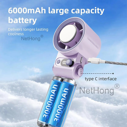 Portable Handheld Digital Turbo Fan 3600mAh Rechargeable 6 Speed Foldable Fan