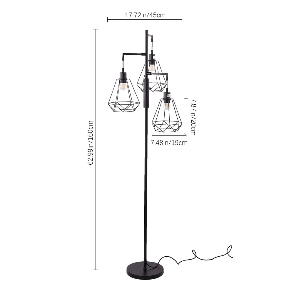 KOMORE Black Modern Industrial Style 3-head Floor Lamp with Irregular Shade for Living Room Office, Bedroom, Hallway, Porch