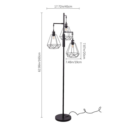 KOMORE Black Modern Industrial Style 3-head Floor Lamp with Irregular Shade for Living Room Office, Bedroom, Hallway, Porch