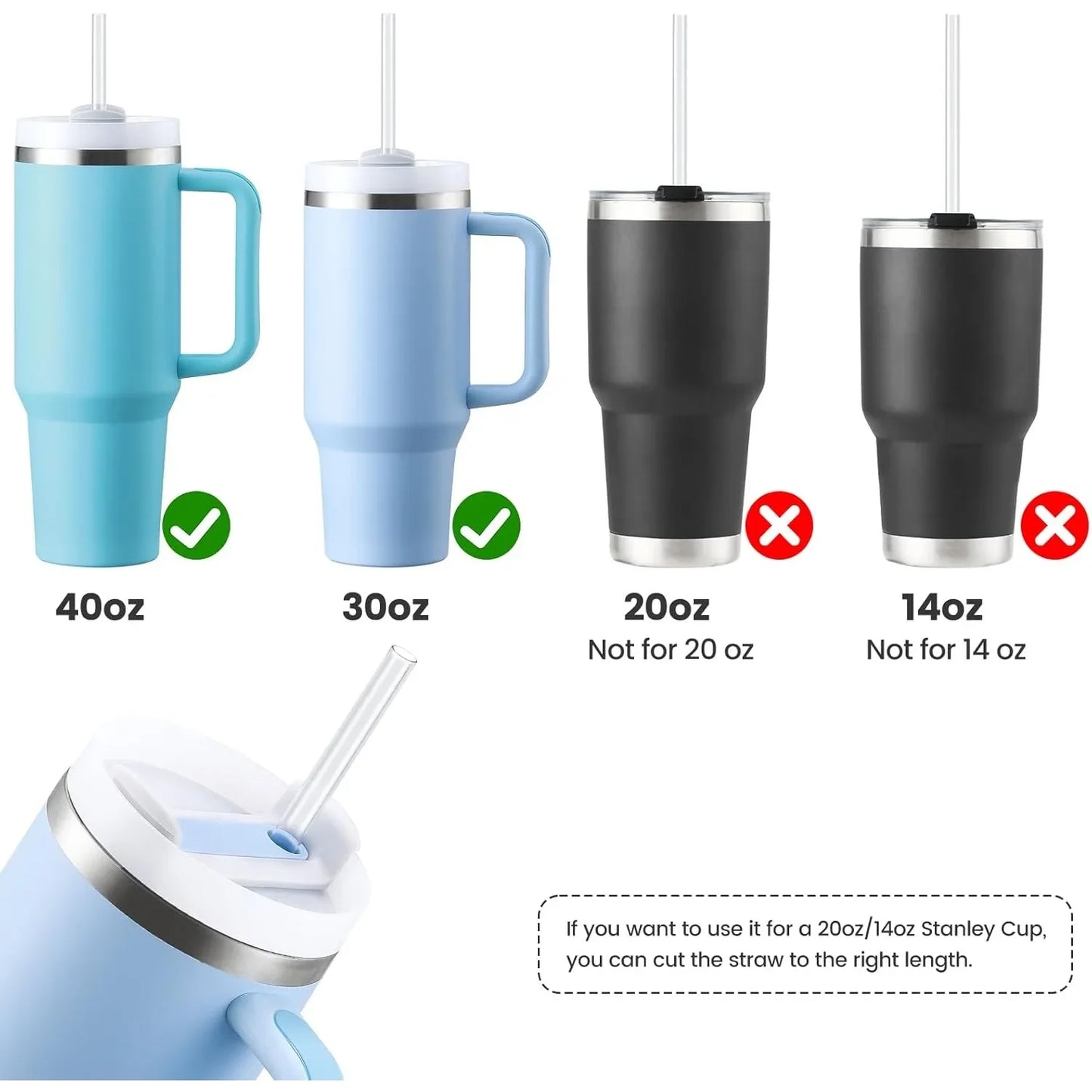 Stanley Cup Replacement Straws 40oz - 12 Pack Clear Reusable Straws with 2 Cleaning Brushes