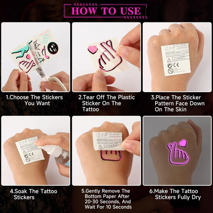10 Sheet Glow in the Dark Music Temporary Tattoos Stickers with Luminous Neon Pink Blue Music Crown Note Disco party Accessory