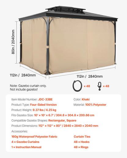 VEVOR Gazebo Curtains 4-Panel Sidewall Gazebo Privacy Curtains with Zippers Universal Sunshade Curtains Replacement for Patio