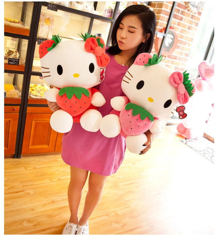 Kawaii Sanrio Hello Kitty Plush Stuffed Toy Strawberry KT Cat Pillow Doll Children's Birthday Gift Home Decoration Animal Doll