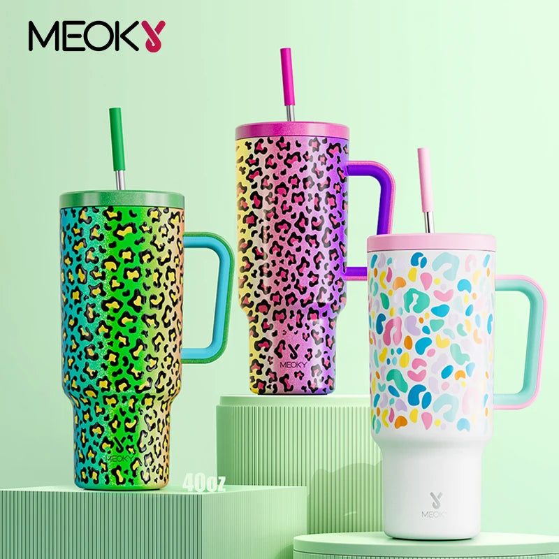 Meoky 40oz Cup Tumbler with Handle Straw Stainless Steel Multi-Prints Coffee Cup Travel Water Bottle Leak-Proof Car Mug Gifts