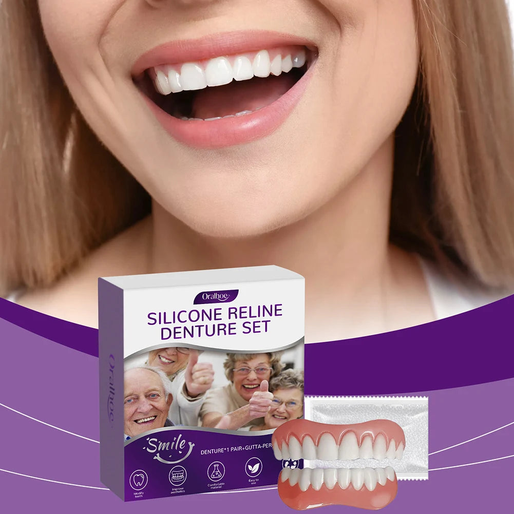 Silicone Reline Denture Set Wear-Resistant Soft Dentures False Teeth Non-Toxic Teeth Upper and Lower Set for Men Women
