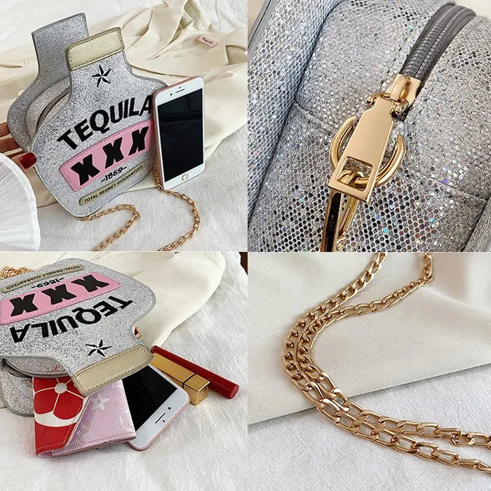 Ladies Fashion Creative Funny Personalized Laser Sequin Letter Wine Bottle Crossbody Shoulder Bag