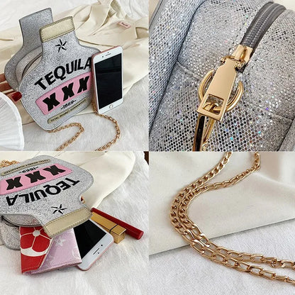 Ladies Fashion Creative Funny Personalized Laser Sequin Letter Wine Bottle Crossbody Shoulder Bag