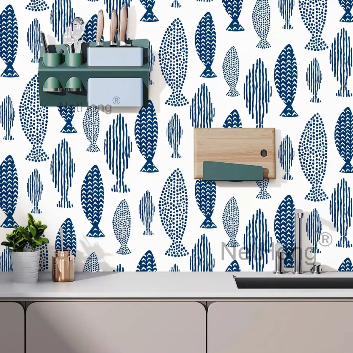 6M Vinyl Geometric small fish pattern Wallpaper Stickers Self Adhesive Contact Paper Waterproof