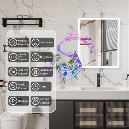 60/70CM Illuminated LED Wall Mirrored Bathroom Storage Medicine Cabinet with Shaver Socket, Bluetooth Speaker Anti-Fog