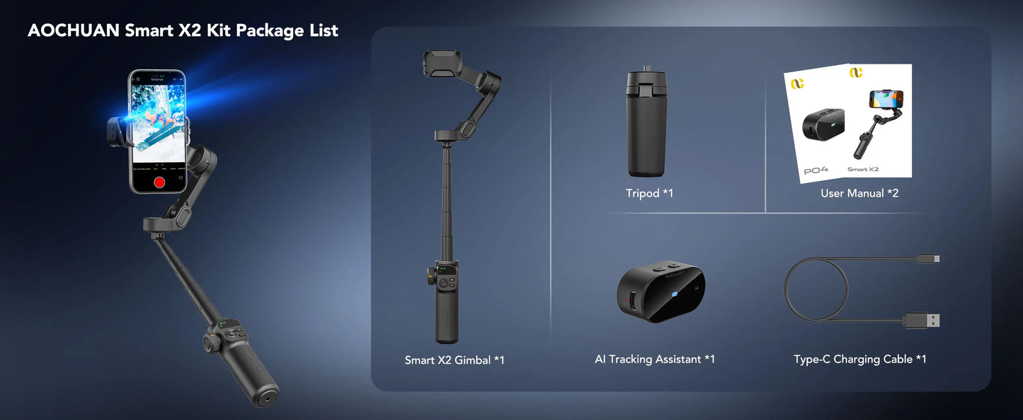AOCHUAN Smart X2 Ai Handheld Gimbal Stabilizer Built in Extension Rod Equipped with LED display Smartphone Gimbal Stabilizer