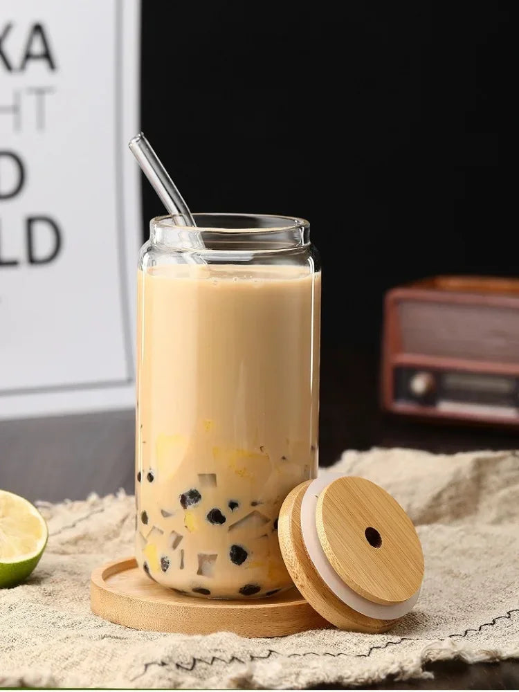 Glass Straw Cup with Dustproof Wooden Lid Heat-resisting Transparent Glass Bottle Breakfast Cola Milk Drinking Cups Holiday Gift