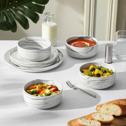 MALACASA 4 Piece Bowl 26oz Ceramic Dinnerware set White Porcelain Plates Grey Marble Tableware Set Cereal Bowls Salad Soup Bowls