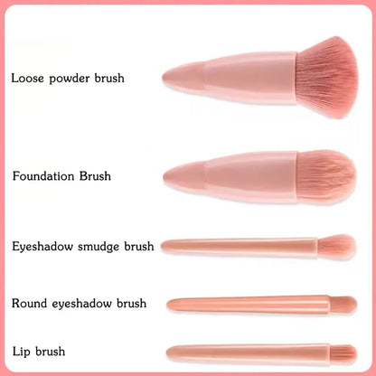 5pcs Mini Makeup Brush Set with Mirror - Multifunctional Travel Cosmetic Brushes, Unscented, Palm Brush Design Makeup Tools