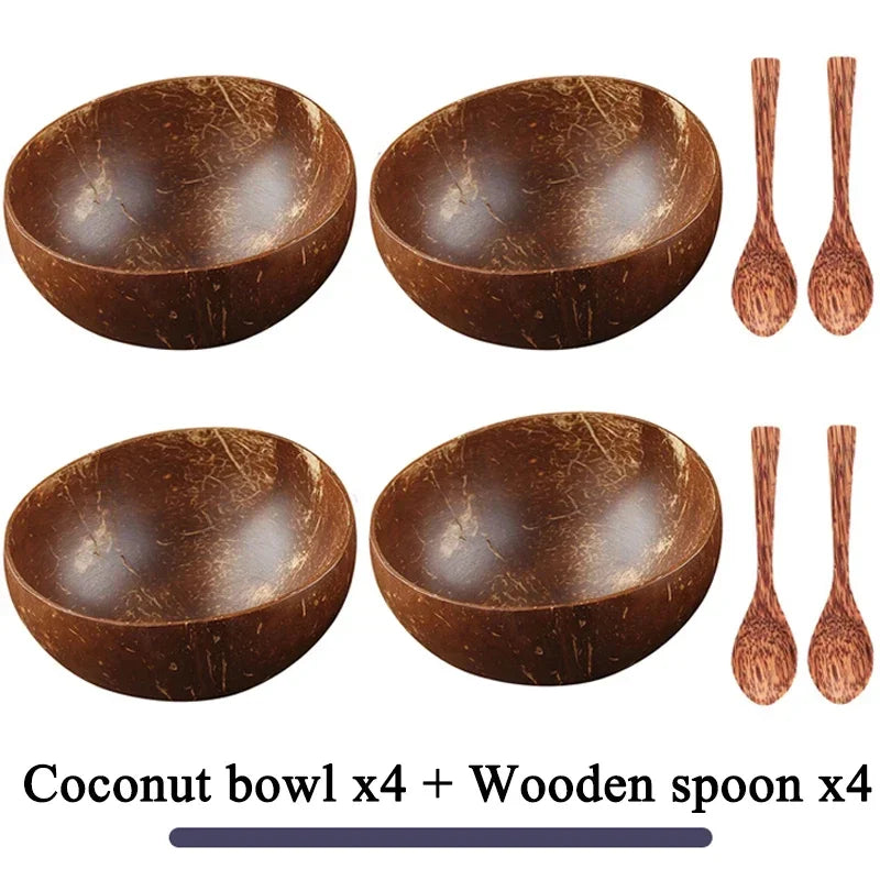 Natural Coconut Bowl Dinner Set for Women, Handmade Wooden Tableware, Wood Spoon, Dessert Fruit Salad, Mixing Rice Ramen Bowl, 1