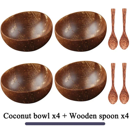 Natural Coconut Bowl Dinner Set for Women, Handmade Wooden Tableware, Wood Spoon, Dessert Fruit Salad, Mixing Rice Ramen Bowl, 1