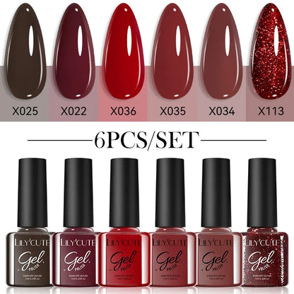 LILYCUTE 6-teiliges Set 7 ml Gel-Nagellack der Kaffeeserie, 125 Farben, Maniküre, semi-permanent, Soak-Off, UV-Nagelkunst-Gellack