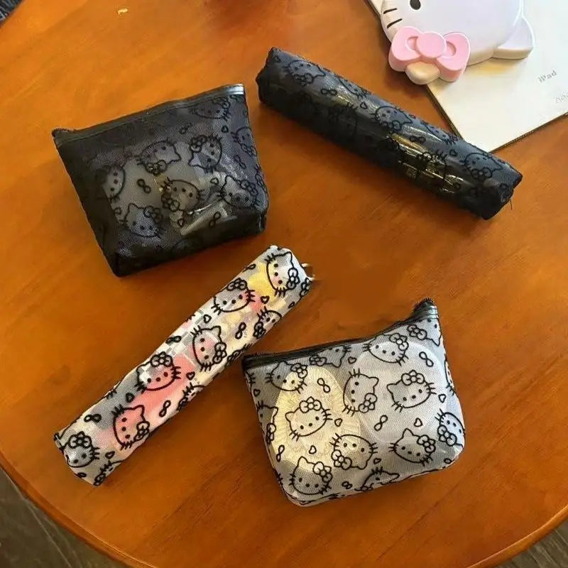 Sanrio Mesh Hello Kitty Black and White Pencil Case Zero Wallet Headphone Bag Girl's Portable Makeup Brush Storage Bag Gift