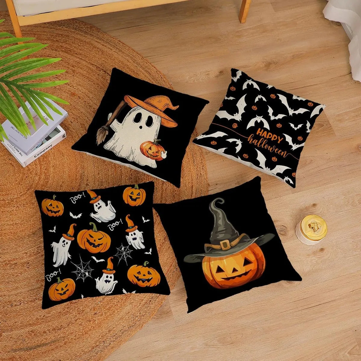 Halloween themed cushion cover set of 4 Pumpkin skull and ghost pattern 45*45cm
