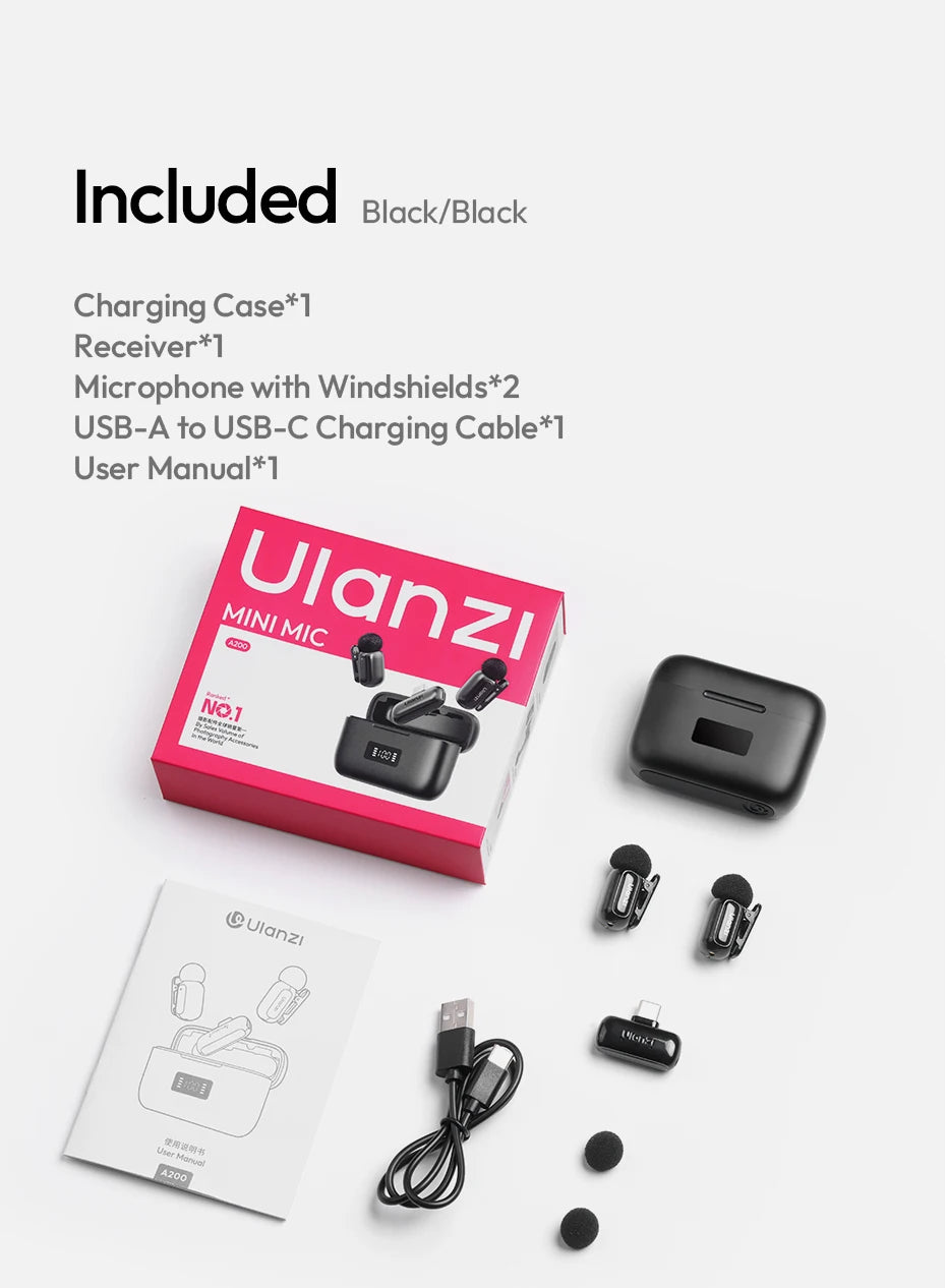 Ulanzi A200 Mini Mic 48kHz/24bit 100m SNR 75dB for Smartphone Camera Livestreaming Street Interview Vlogging Wedding Videography