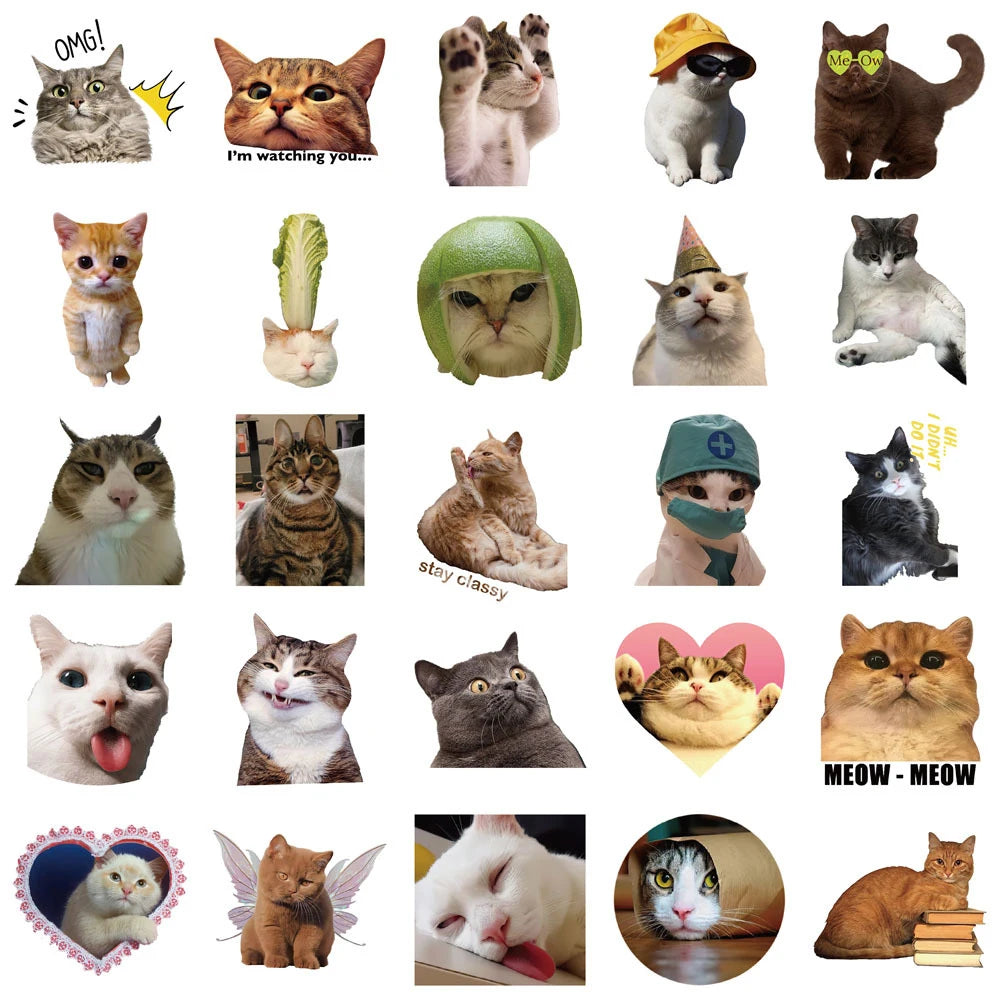 10/50/100/200pcs Cute Animal Cat Stickers Kawaii Girls Kids Funny Kitten MEME Graffiti Decal Toy Waterproof DIY Phone Case Bike