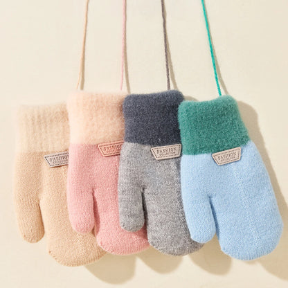 Anti Cold Warm Ski Gloves Kids Thicken Velvet Hanging Neck Mittens 1-4year Boy Girl Plush Hand Covers Children Woolen Knit Glove